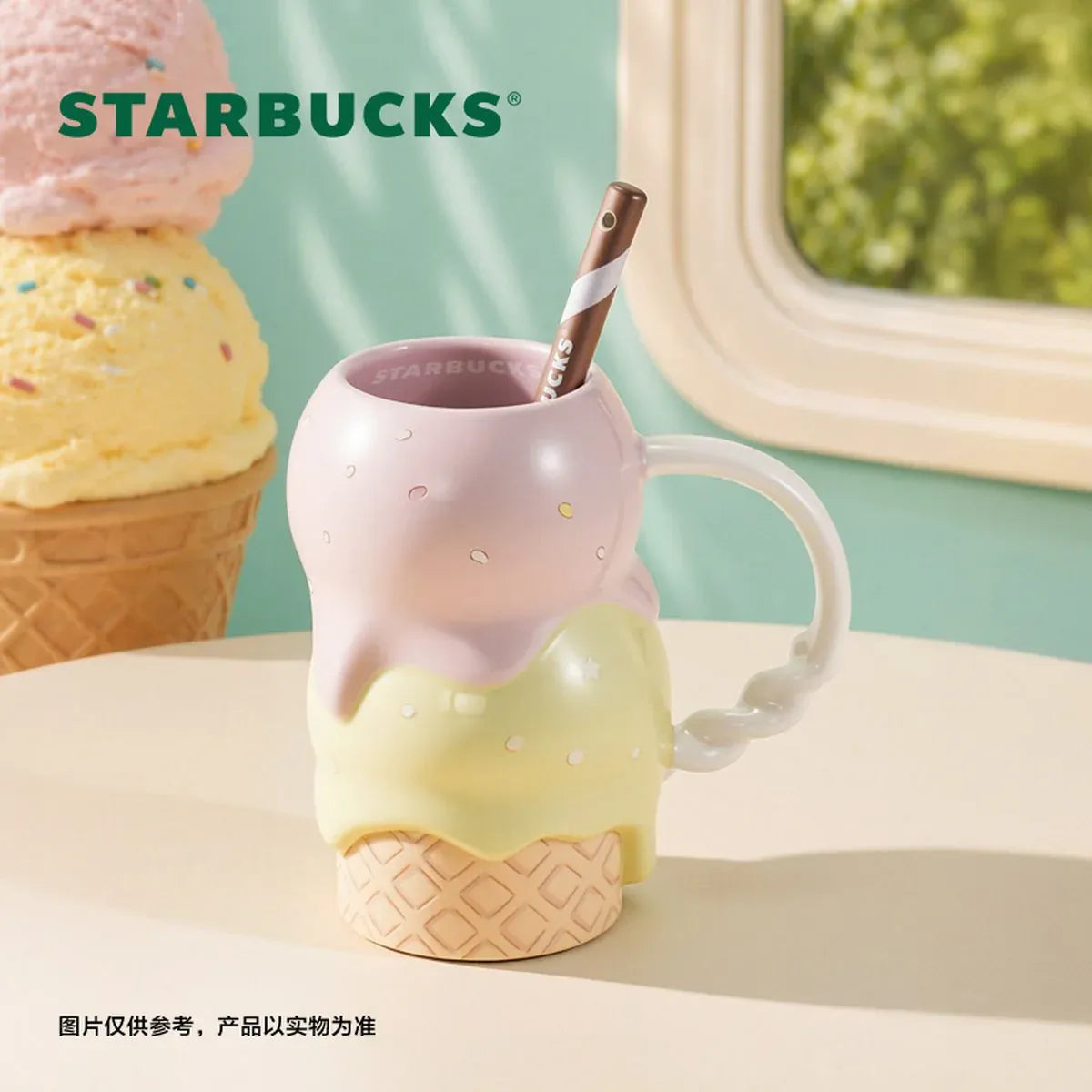 Starbucks China Summer 2026 Dessert Party Series Ice Cream Waffle Mug with Stirrer 355ml 12.49oz