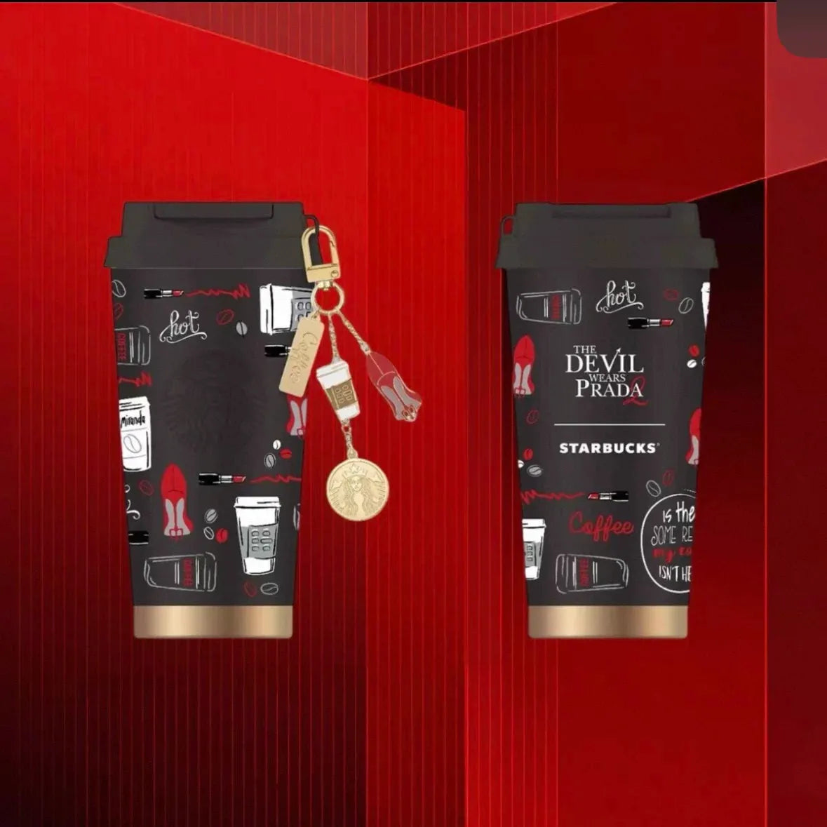 Starbucks China 2026 and The Devil Wears Prada Collaboration Series 500m black stainless steel tumbler with metal chain