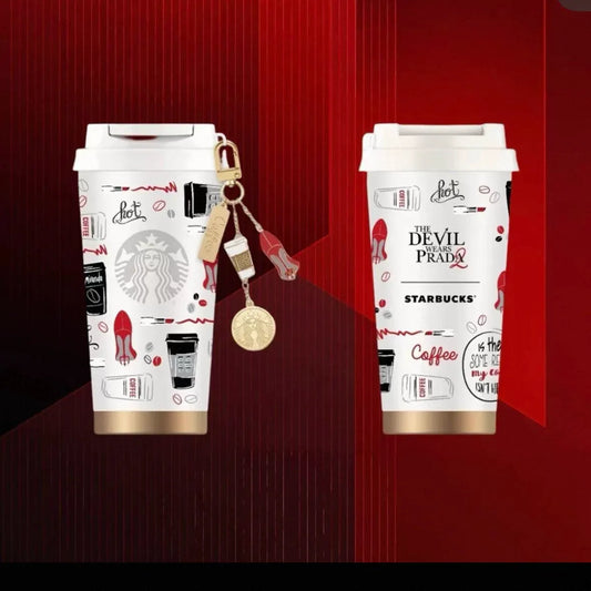 Starbucks China 2026 and The Devil Wears Prada Collaboration Series 500ml white stainless steel tumbler with metal chain