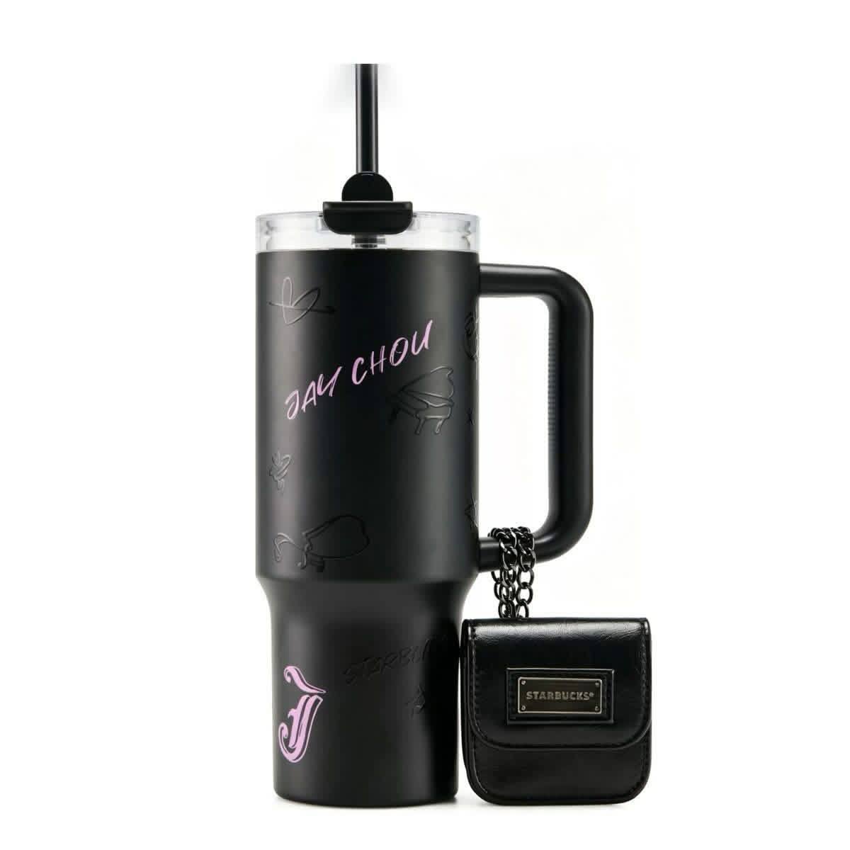 Starbucks China x Jay Chou series cool black matte finish stainless steel straw cup with multi-function bag 1010ml